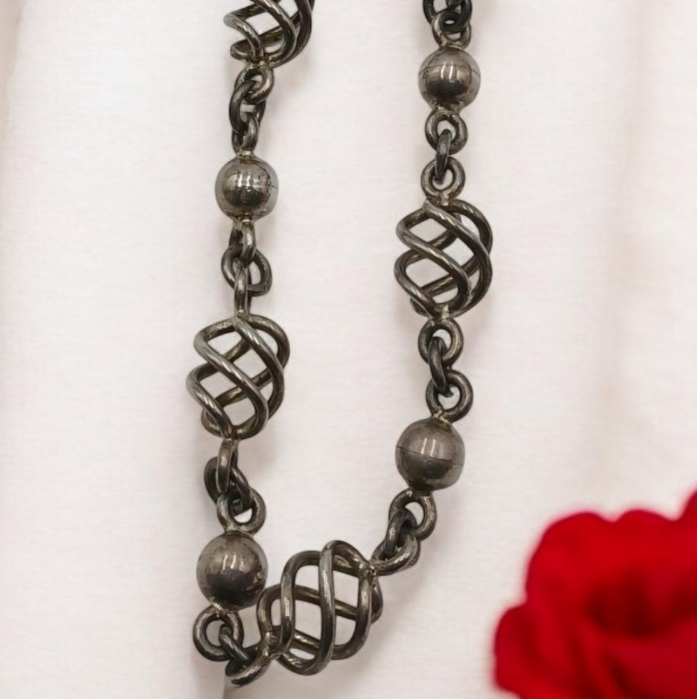 Vintage Impressive 925 Sterling Silver Spiral Ball Openwork Necklace 28" Mexico